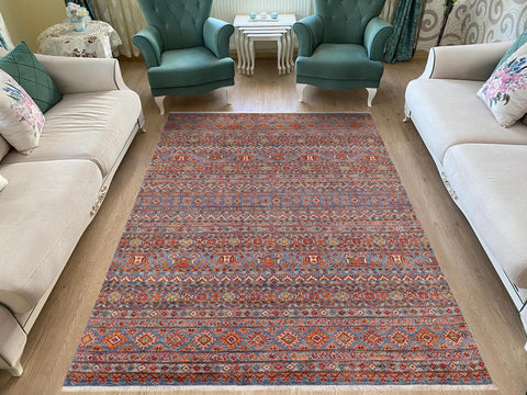 handmade Geometric Kurjean Blue Red Hand Knotted RECTANGLE 100% WOOL area rug 5x8