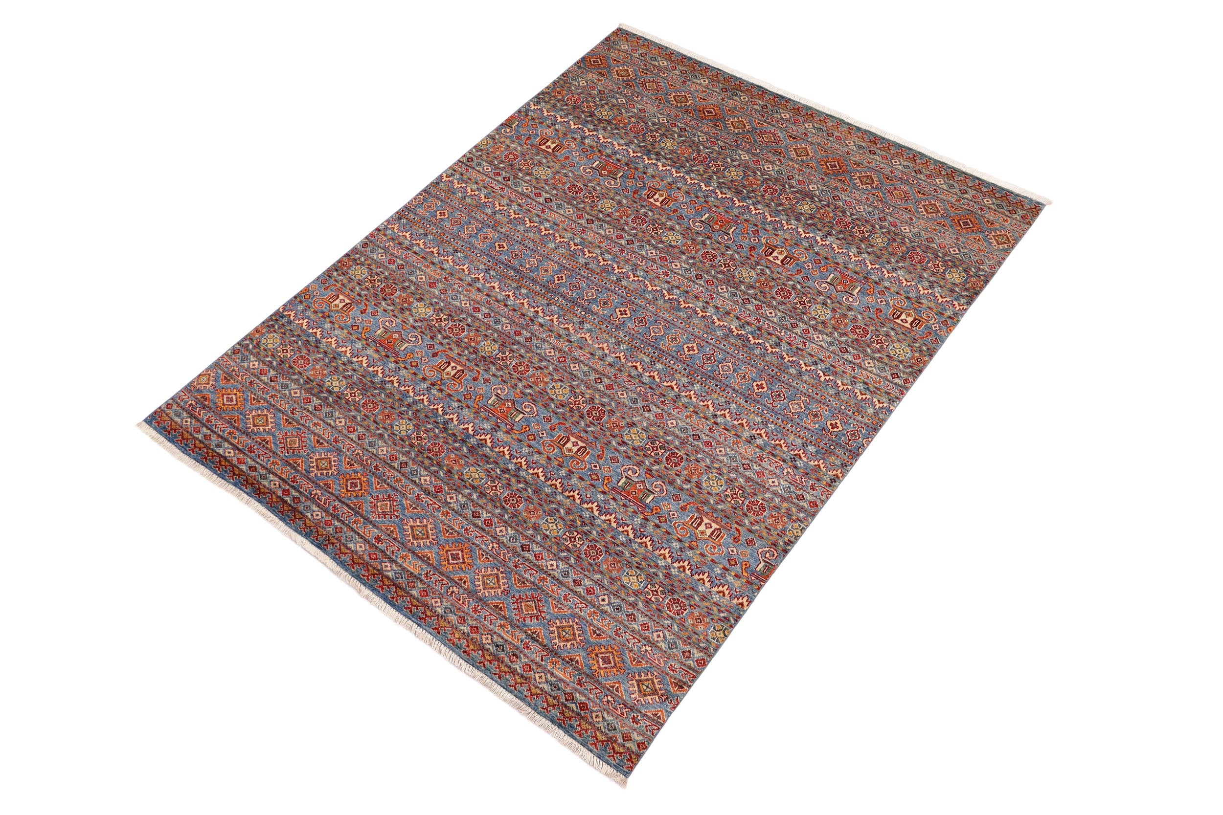 handmade Geometric Kurjean Blue Red Hand Knotted RECTANGLE 100% WOOL area rug 5x8