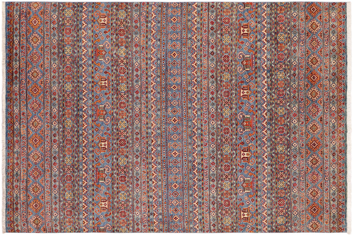 handmade Geometric Kurjean Blue Red Hand Knotted RECTANGLE 100% WOOL area rug 5x8