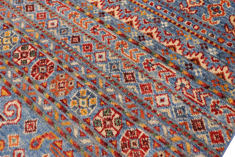 handmade Geometric Kurjean Blue Red Hand Knotted RECTANGLE 100% WOOL area rug 5x8