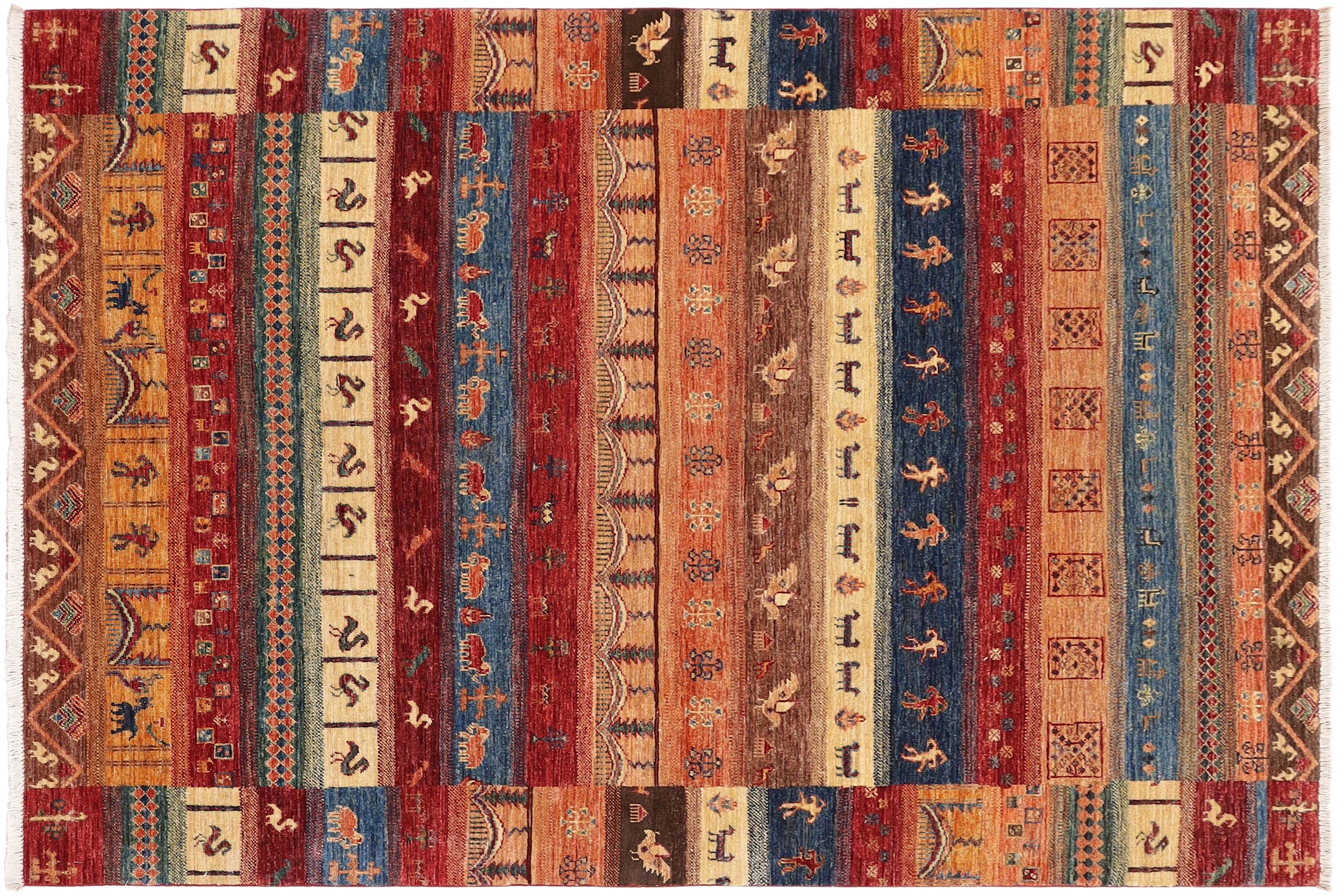 handmade Geometric Kurjean Red Blue Hand Knotted RECTANGLE 100% WOOL area rug 5x8