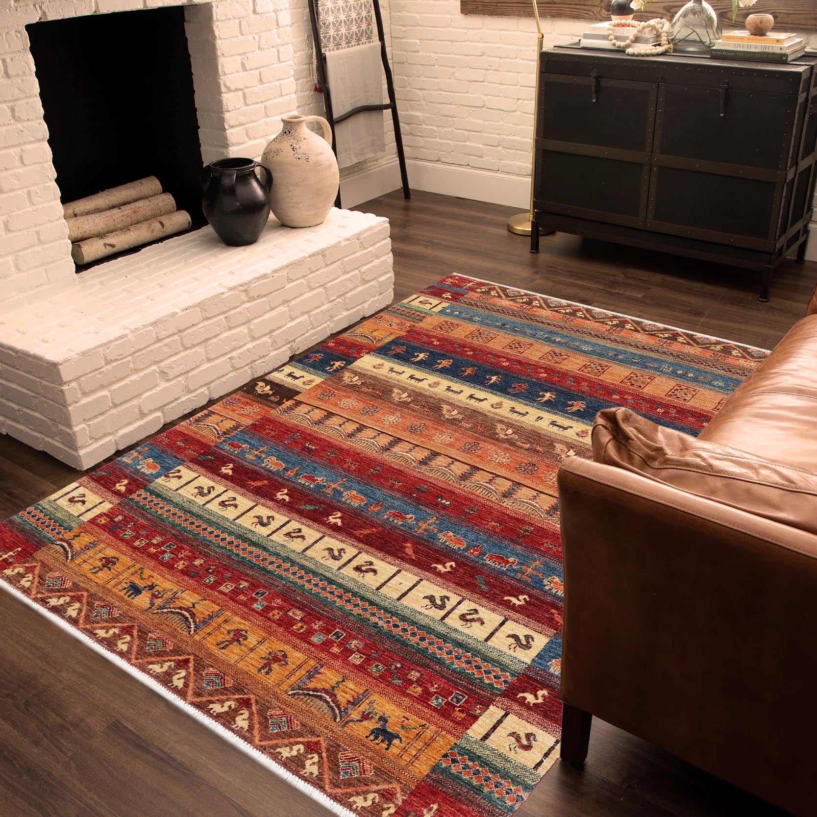 handmade Geometric Kurjean Red Blue Hand Knotted RECTANGLE 100% WOOL area rug 5x8