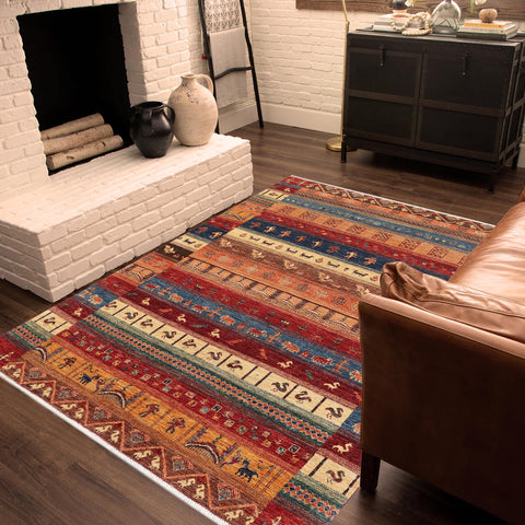 handmade Geometric Kurjean Red Blue Hand Knotted RECTANGLE 100% WOOL area rug 5x8