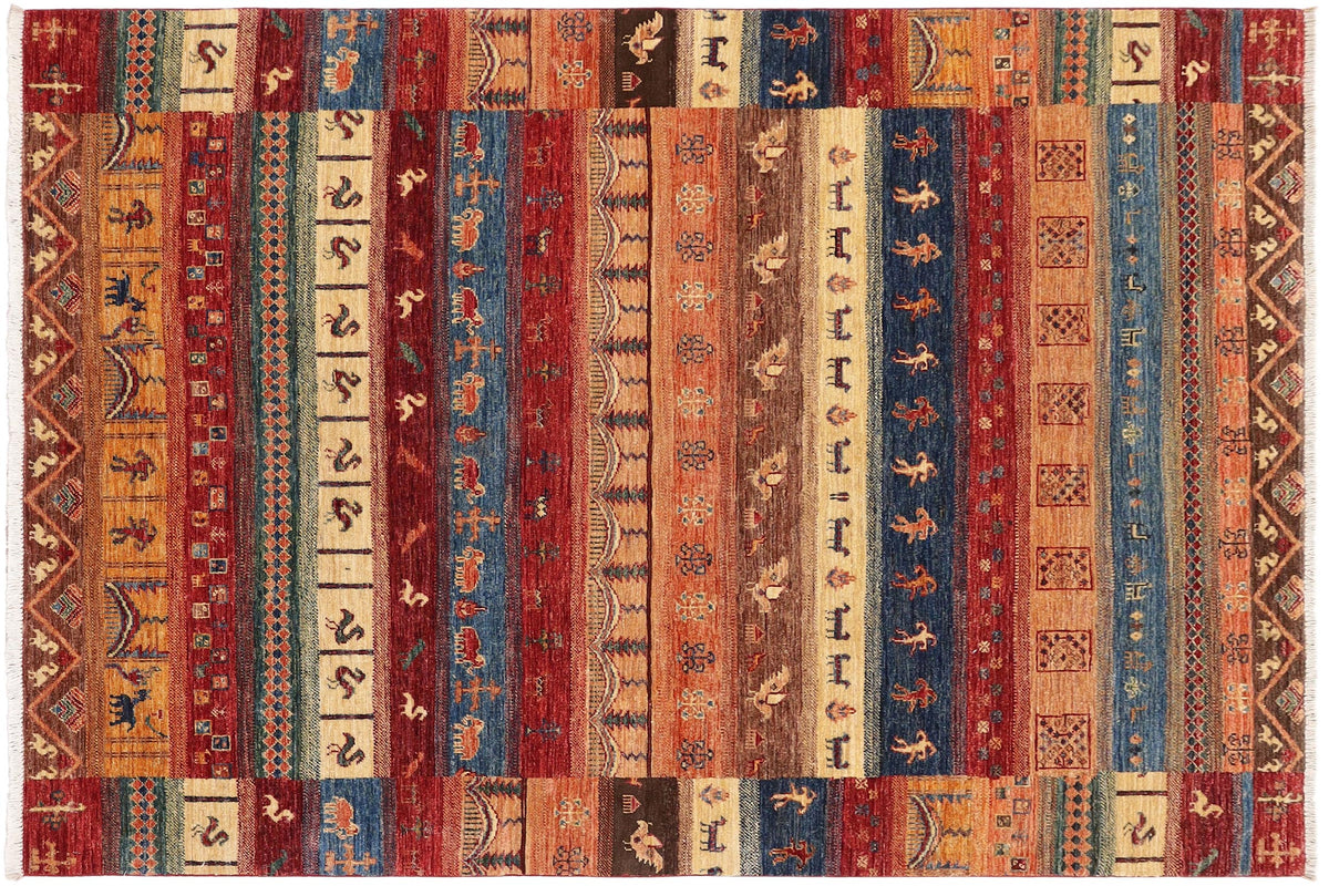 handmade Geometric Kurjean Red Blue Hand Knotted RECTANGLE 100% WOOL area rug 5x8