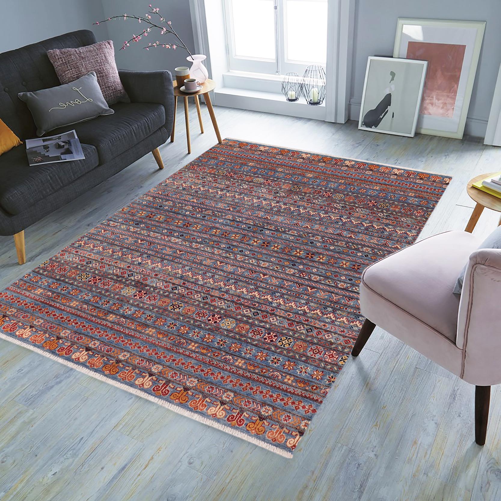 handmade Geometric Kurjean Blue Rust Hand Knotted RECTANGLE 100% WOOL area rug 5x6
