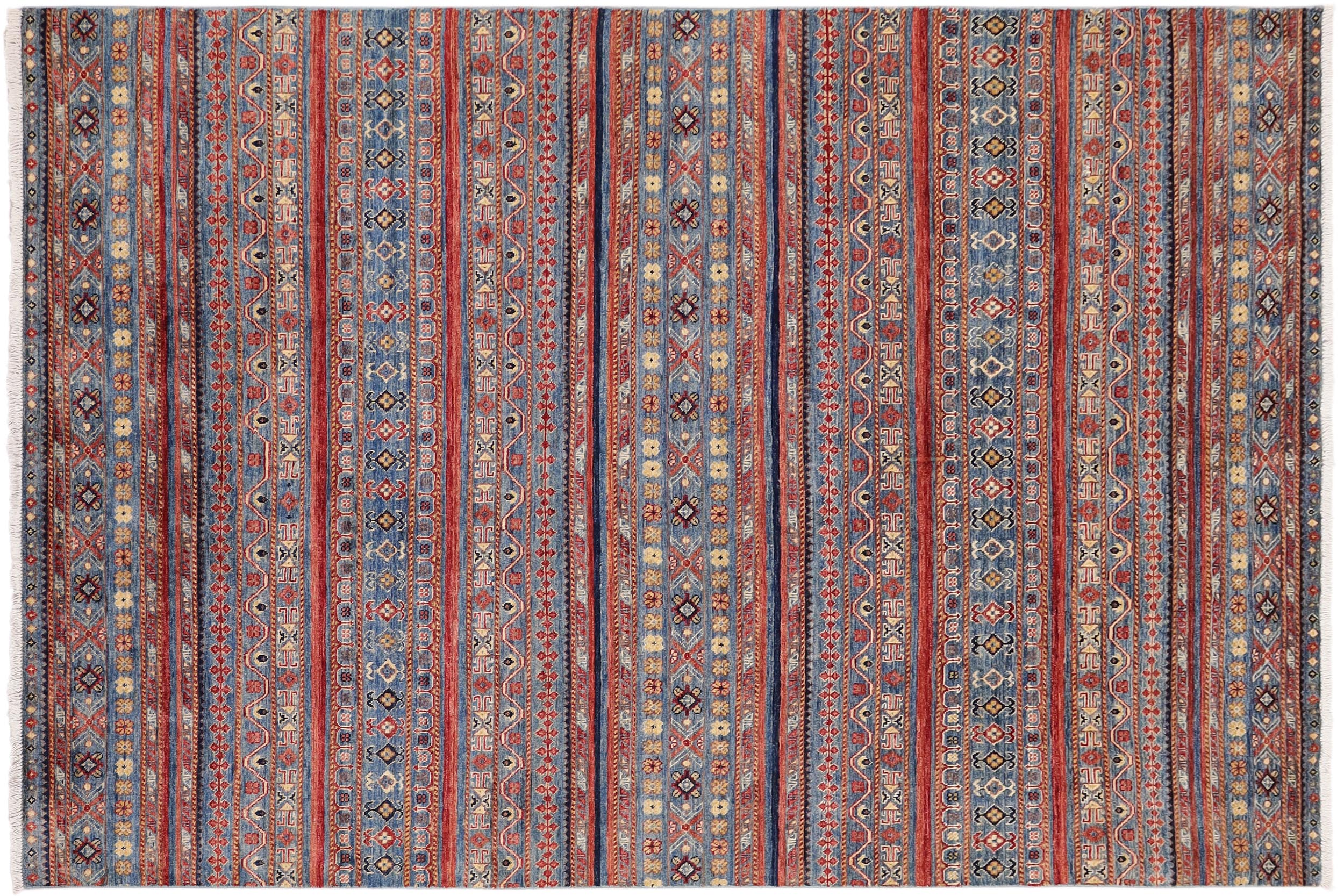 handmade Geometric Kurjean Blue Red Hand Knotted RECTANGLE 100% WOOL area rug 6x9