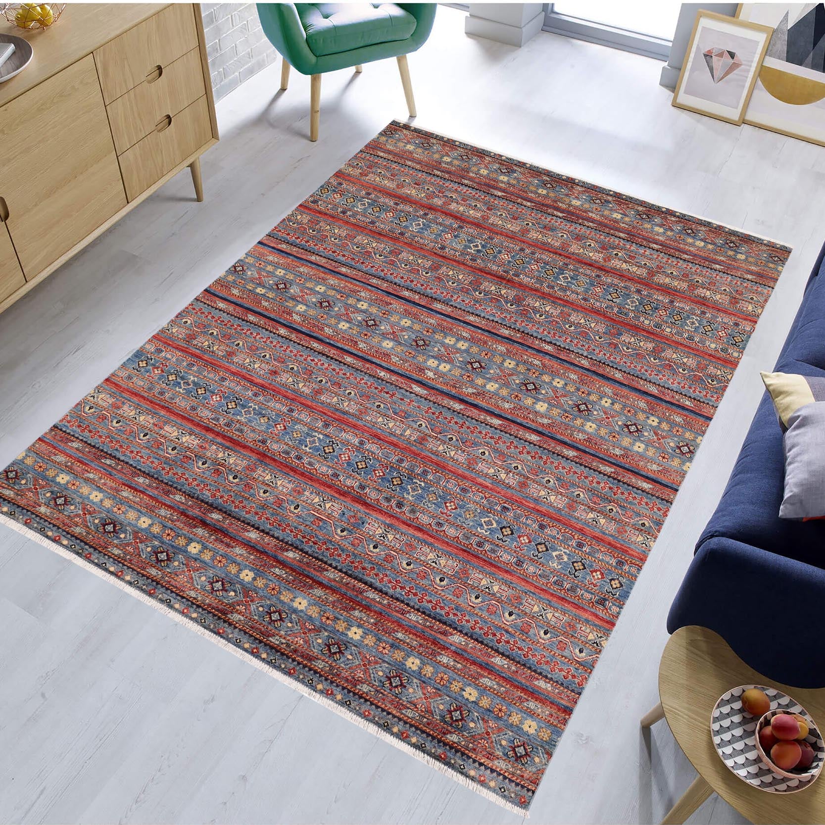 handmade Geometric Kurjean Blue Red Hand Knotted RECTANGLE 100% WOOL area rug 6x9