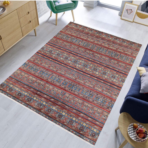 handmade Geometric Kurjean Blue Red Hand Knotted RECTANGLE 100% WOOL area rug 6x9