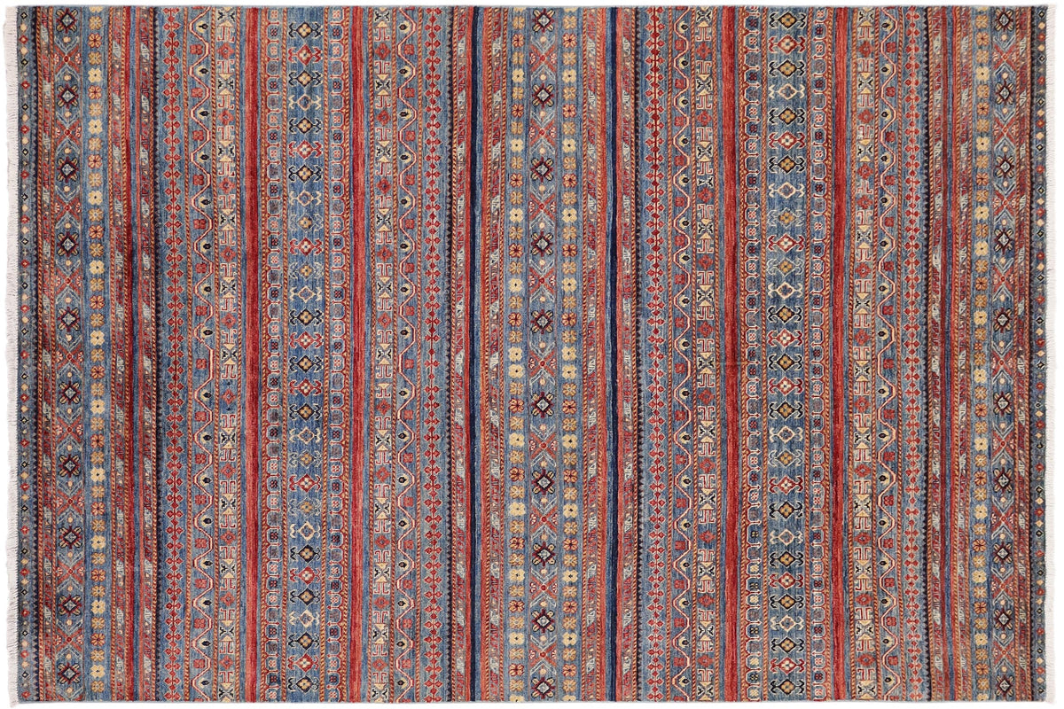 handmade Geometric Kurjean Blue Red Hand Knotted RECTANGLE 100% WOOL area rug 6x9