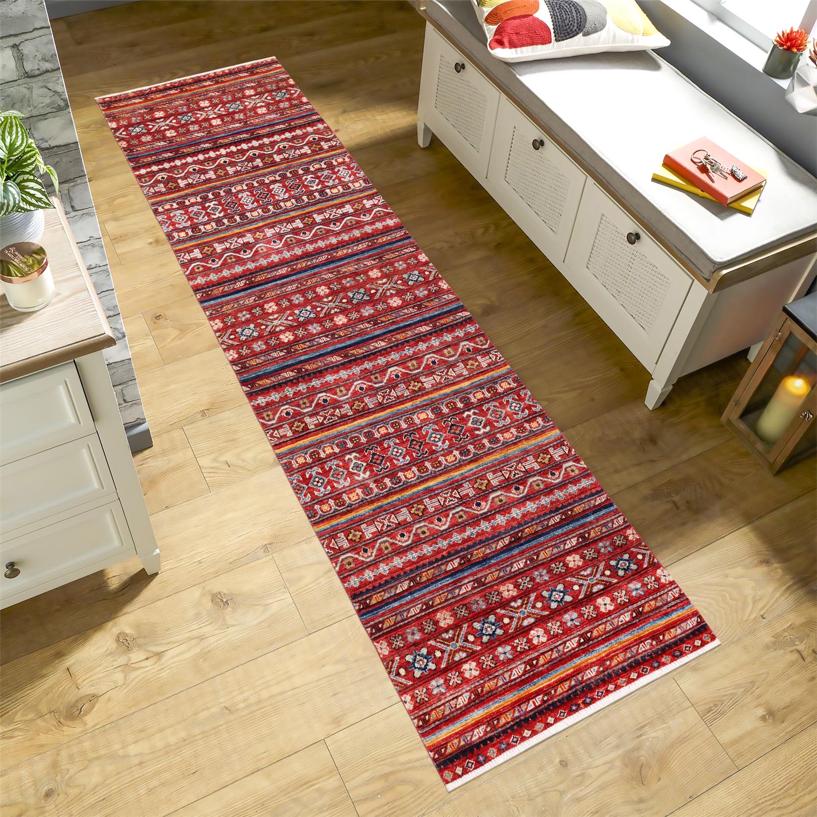 handmade Geometric Kurjean Red Blue Hand Knotted RUNNER 100% WOOL area rug 3x10