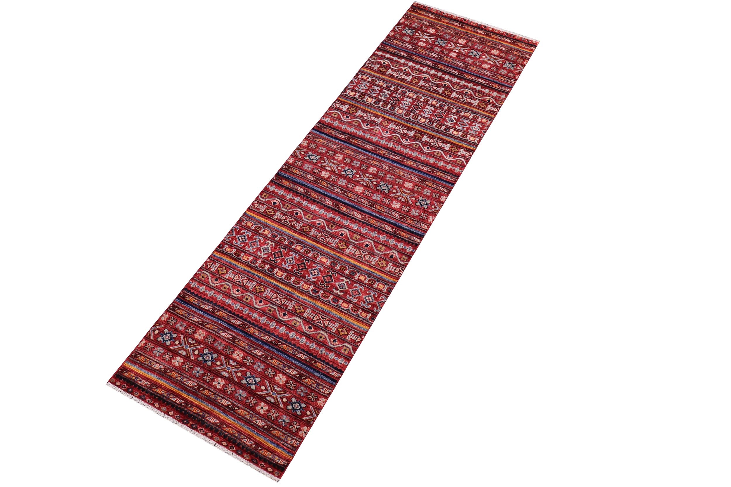 handmade Geometric Kurjean Red Blue Hand Knotted RUNNER 100% WOOL area rug 3x10