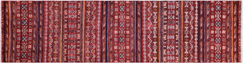 handmade Geometric Kurjean Red Blue Hand Knotted RUNNER 100% WOOL area rug 3x10