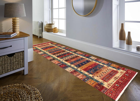 handmade Geometric Kurjean Red Blue Hand Knotted RUNNER 100% WOOL area rug 3x10