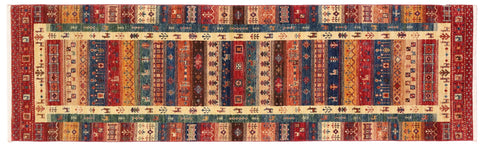 handmade Geometric Kurjean Red Blue Hand Knotted RUNNER 100% WOOL area rug 3x10