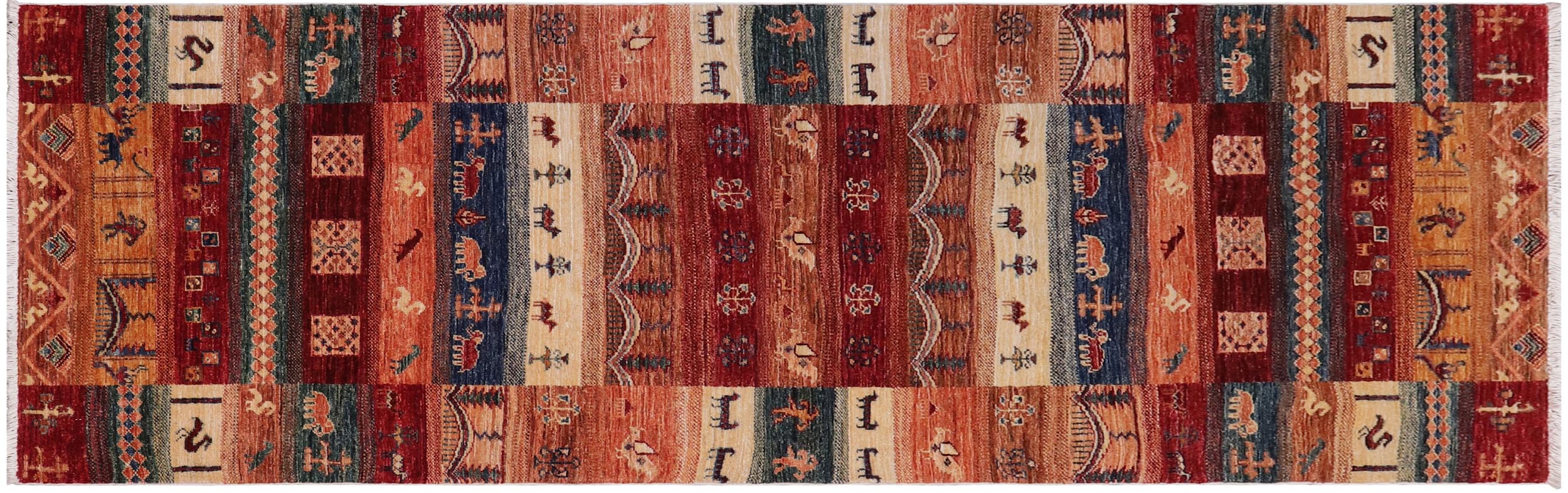 handmade Geometric Kurjean Red Blue Hand Knotted RUNNER 100% WOOL area rug 3x8