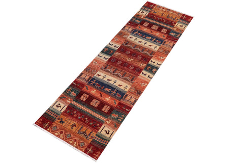 handmade Geometric Kurjean Red Blue Hand Knotted RUNNER 100% WOOL area rug 3x8