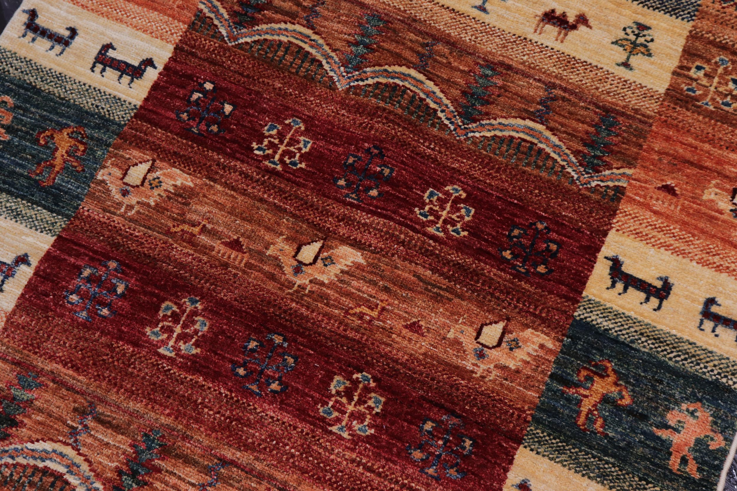 handmade Geometric Kurjean Red Blue Hand Knotted RUNNER 100% WOOL area rug 3x8