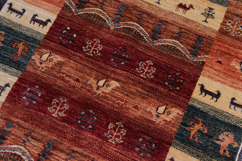 handmade Geometric Kurjean Red Blue Hand Knotted RUNNER 100% WOOL area rug 3x8