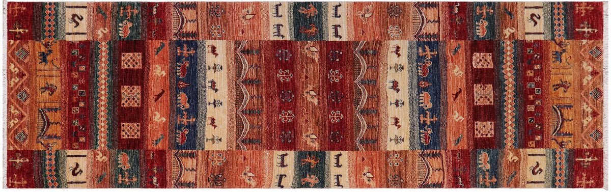 handmade Geometric Kurjean Red Blue Hand Knotted RUNNER 100% WOOL area rug 3x8