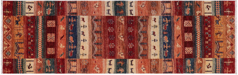 handmade Geometric Kurjean Red Blue Hand Knotted RUNNER 100% WOOL area rug 3x8