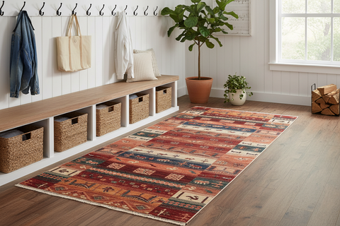 handmade Geometric Kurjean Red Blue Hand Knotted RUNNER 100% WOOL area rug 3x8