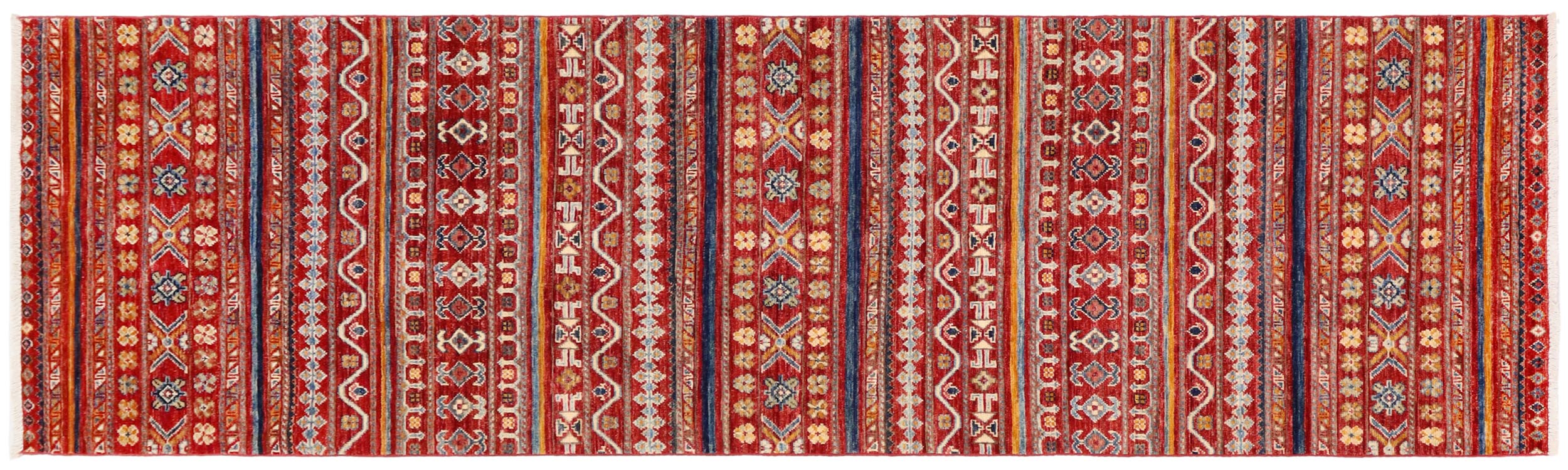 handmade Geometric Kurjean Red Blue Hand Knotted RUNNER 100% WOOL area rug 3x10