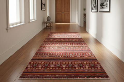 handmade Geometric Kurjean Red Blue Hand Knotted RUNNER 100% WOOL area rug 3x10