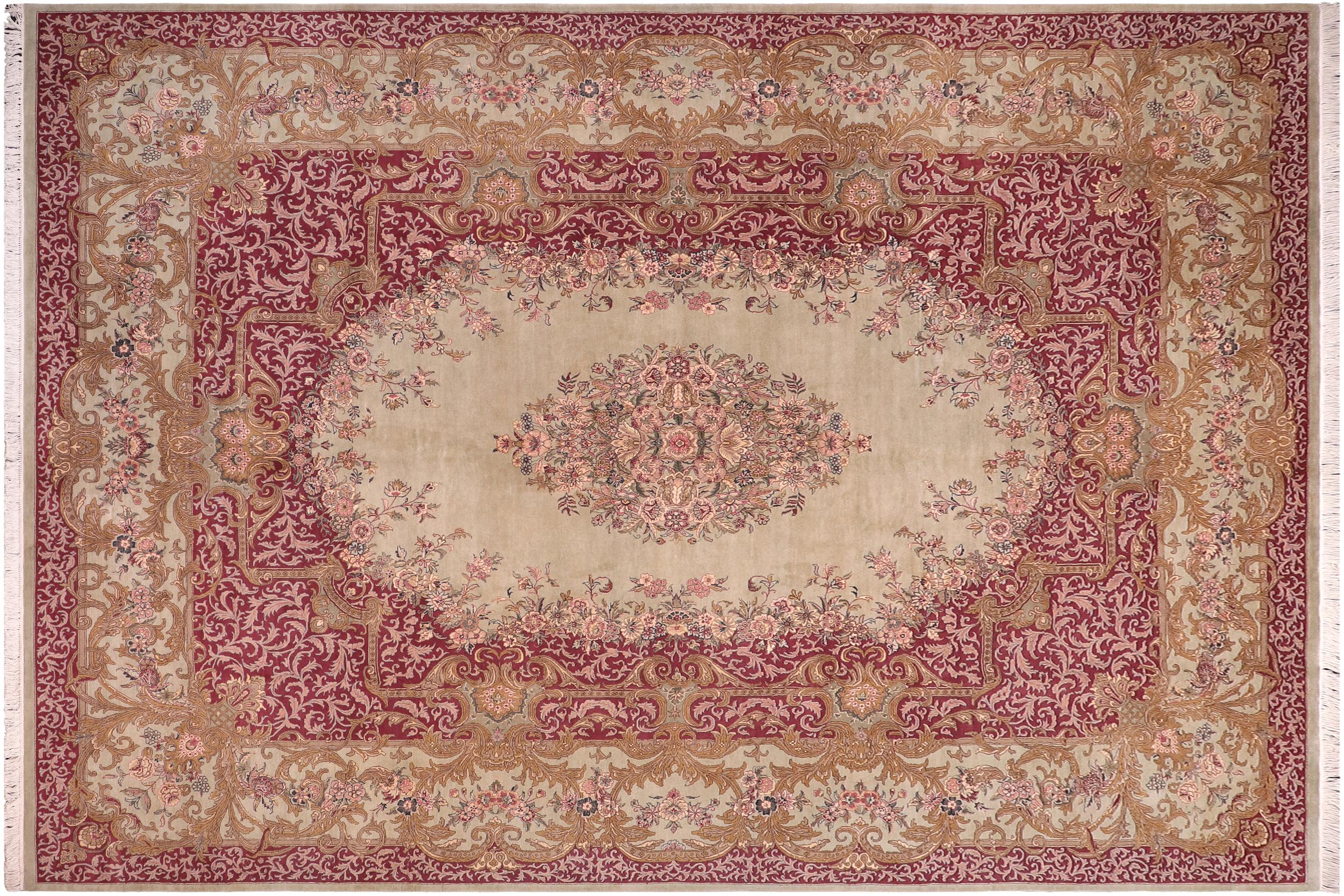 handmade Traditional Abusson Green Maroon Hand Knotted RECTANGLE 100% WOOL area rug 10x14