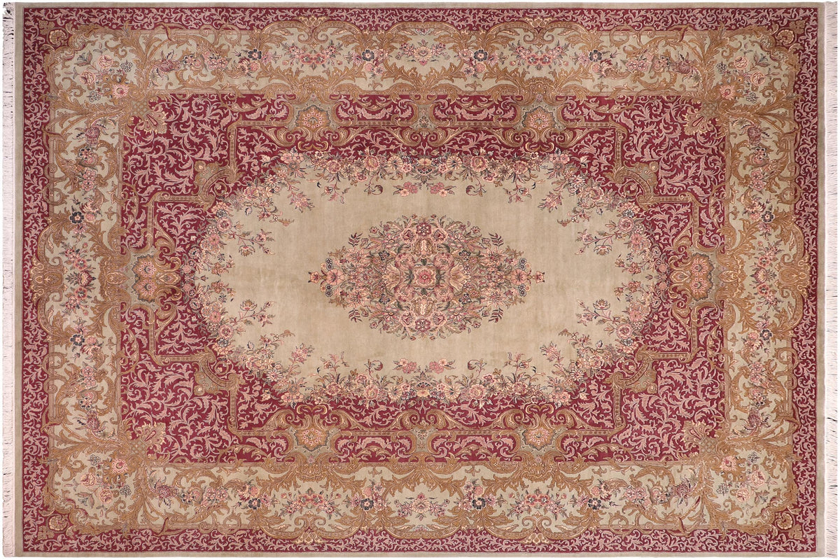 handmade Traditional Abusson Green Maroon Hand Knotted RECTANGLE 100% WOOL area rug 10x14