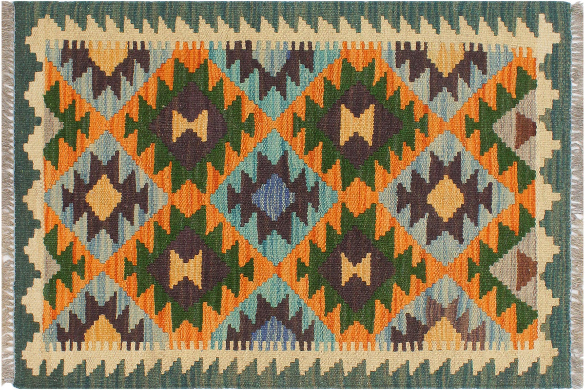 handmade Geometric Kilim Rust Blue Hand-Woven RECTANGLE 100% WOOL area rug 2 x 3
