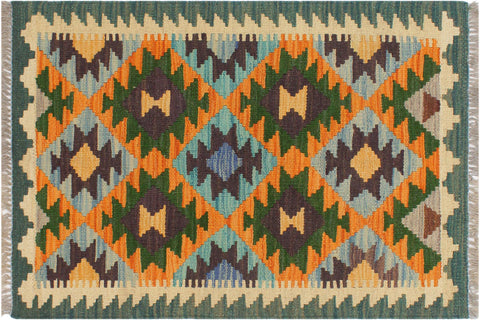 handmade Geometric Kilim Rust Blue Hand-Woven RECTANGLE 100% WOOL area rug 2 x 3