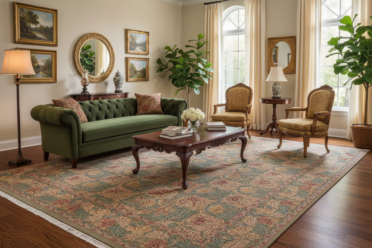 handmade Transitional William Mor Green Brown Hand Knotted RECTANGLE 100% WOOL area rug 