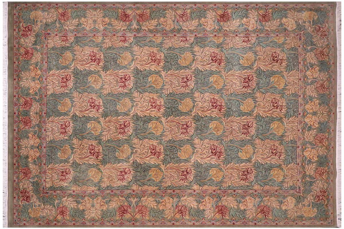 handmade Transitional William Mor Green Brown Hand Knotted RECTANGLE 100% WOOL area rug 10x14