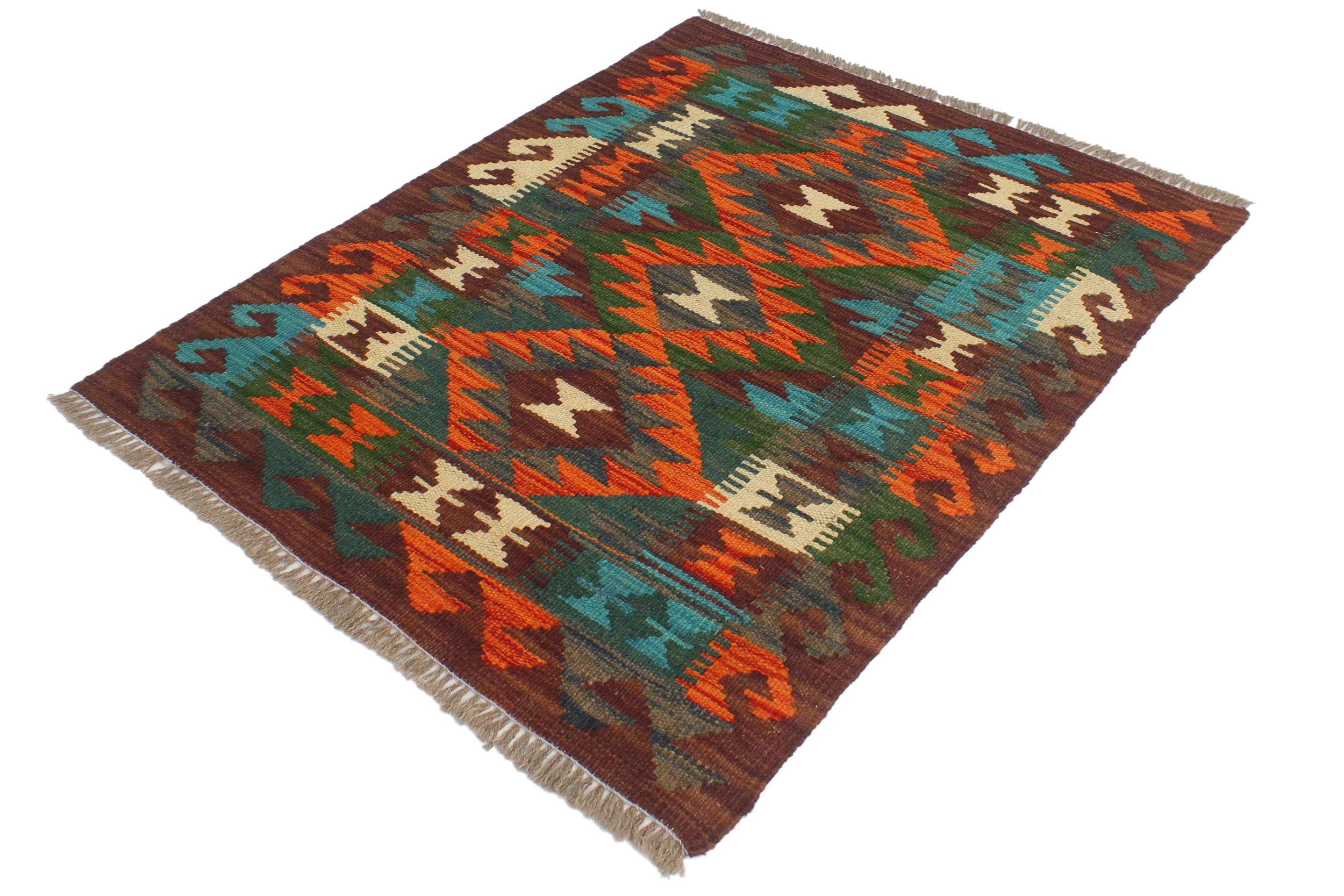handmade Geometric Kilim Rust Brown Hand-Woven RECTANGLE 100% WOOL area rug 2' x 3'