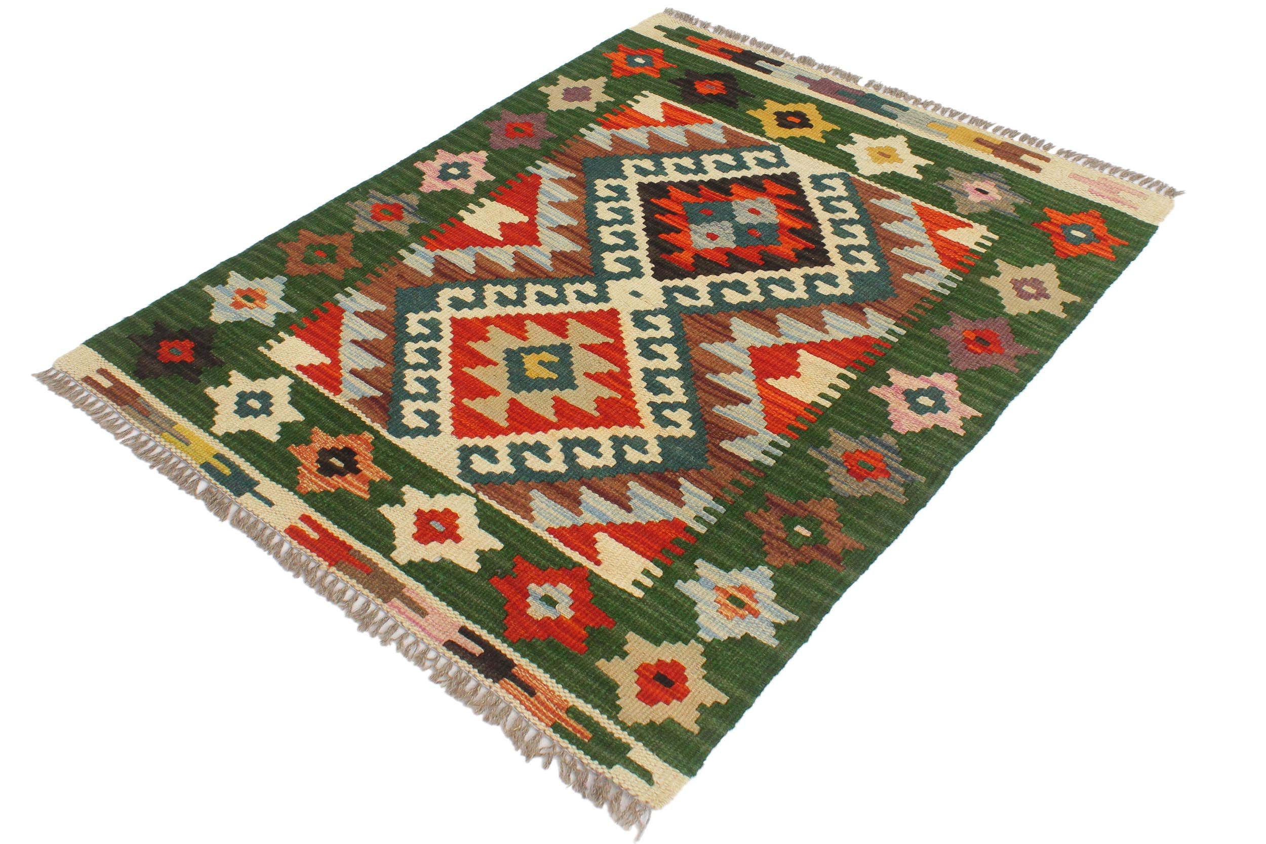 handmade Geometric Kilim Rust Green Hand-Woven RECTANGLE 100% WOOL area rug 2' x 3'