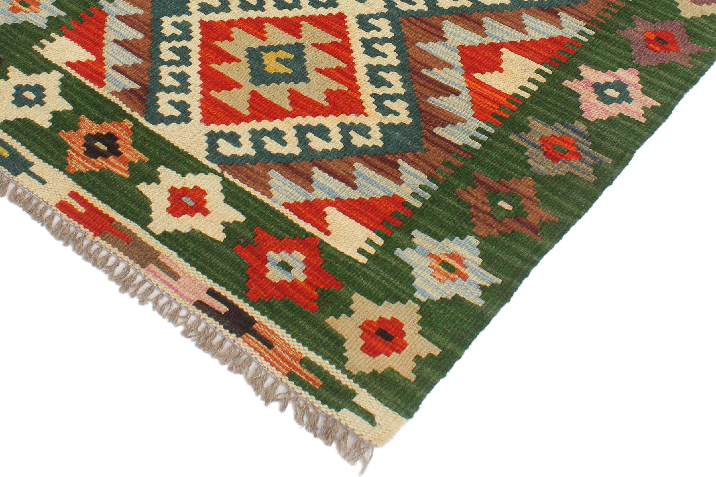 handmade Geometric Kilim Rust Green Hand-Woven RECTANGLE 100% WOOL area rug 2' x 3'