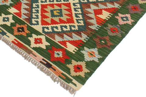 handmade Geometric Kilim Rust Green Hand-Woven RECTANGLE 100% WOOL area rug 2' x 3'