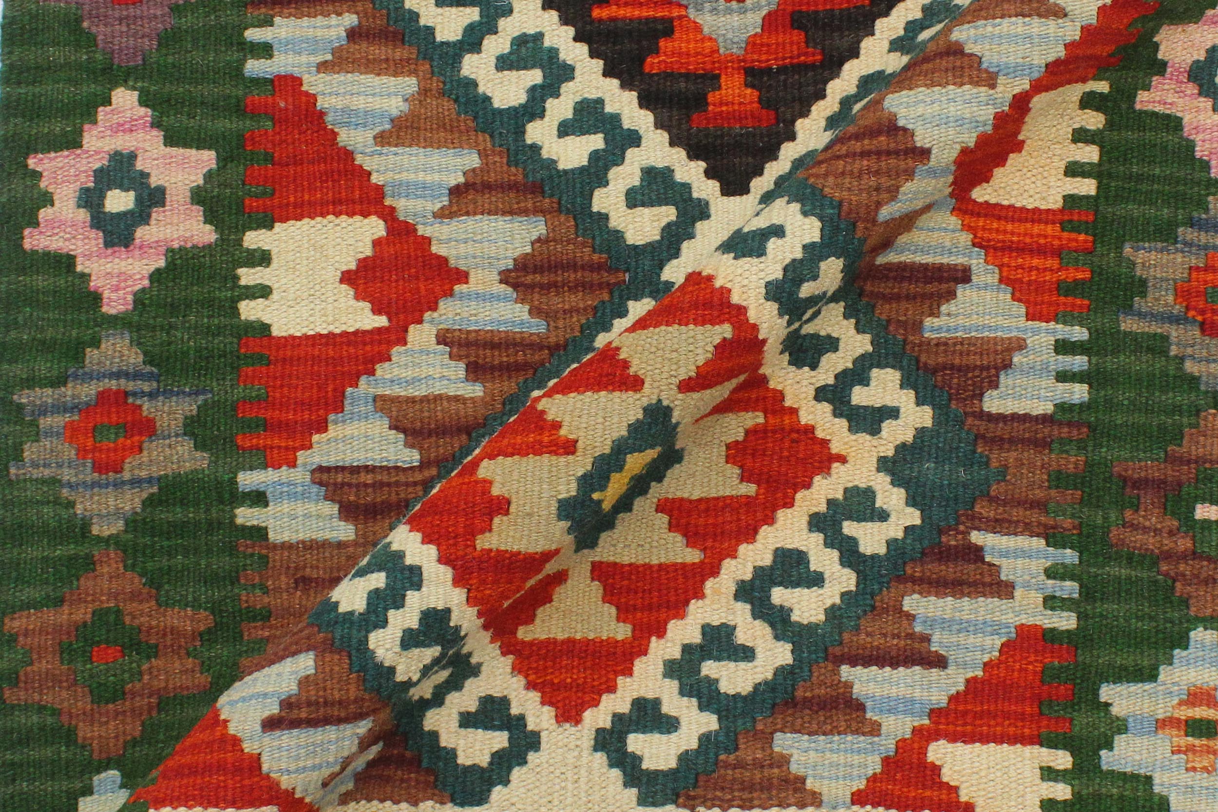 handmade Geometric Kilim Rust Green Hand-Woven RECTANGLE 100% WOOL area rug 2' x 3'