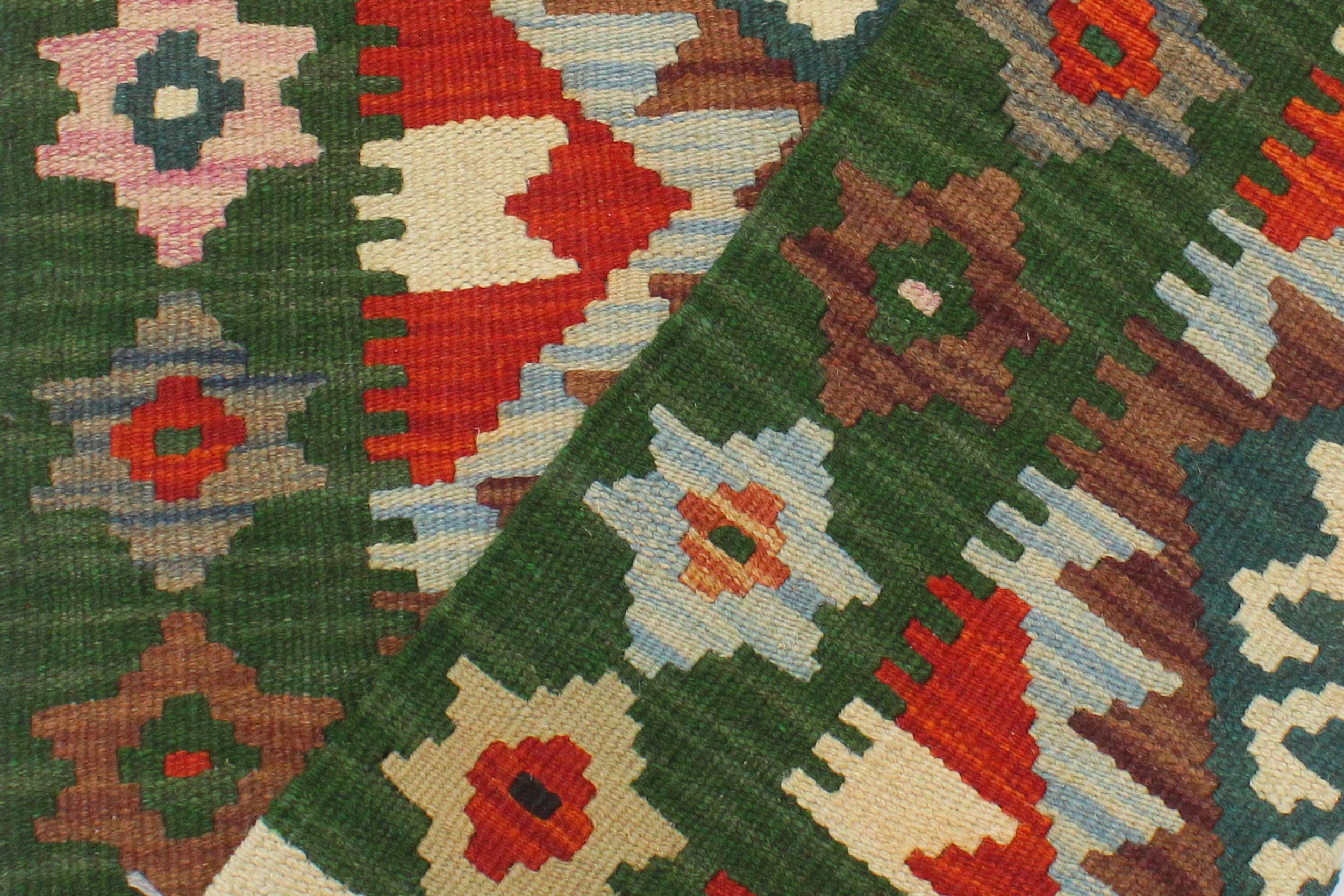 handmade Geometric Kilim Rust Green Hand-Woven RECTANGLE 100% WOOL area rug 2' x 3'