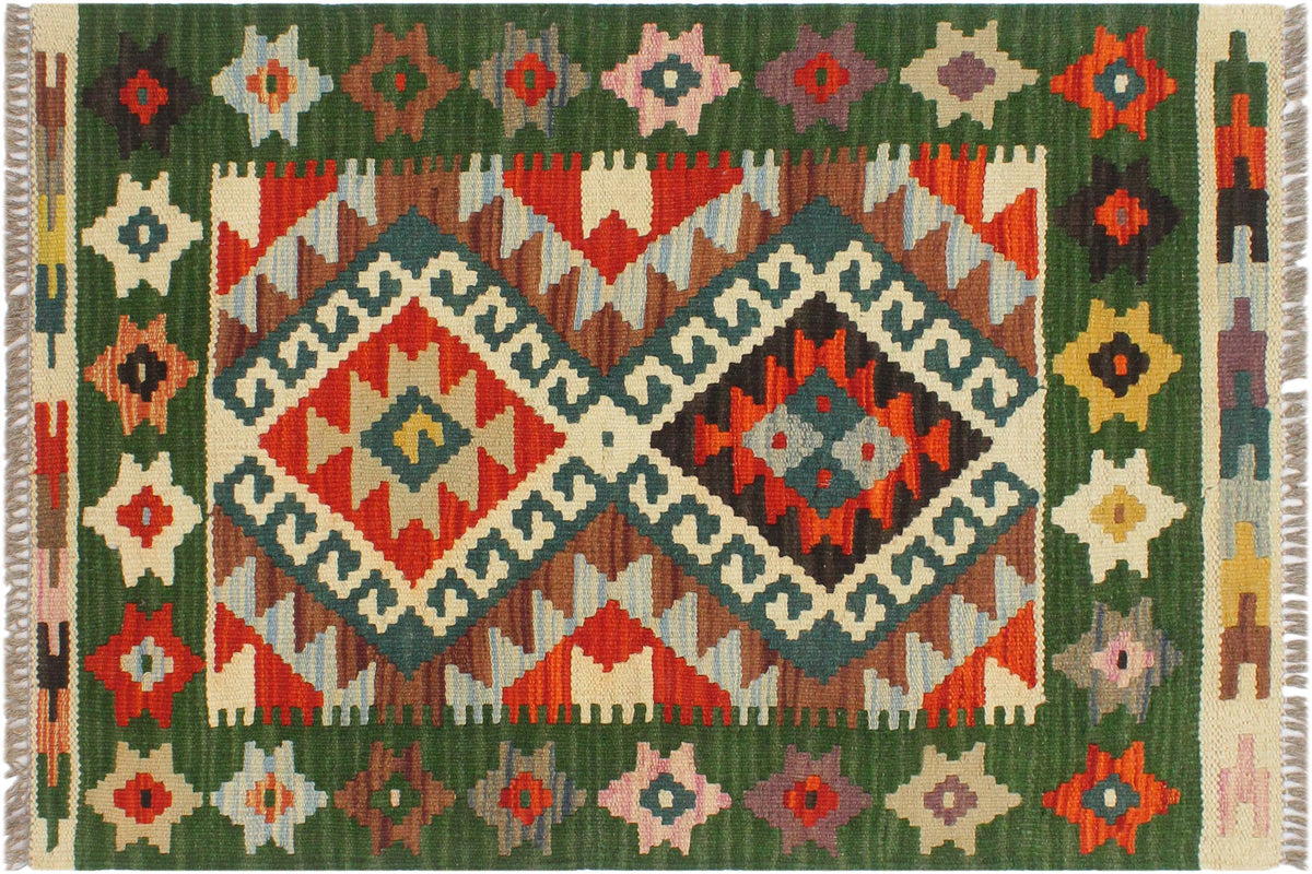 handmade Geometric Kilim Rust Green Hand-Woven RECTANGLE 100% WOOL area rug 2' x 3'