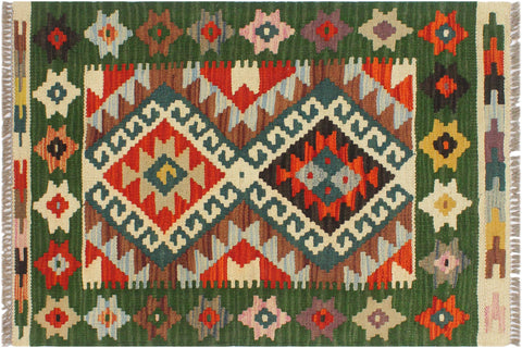 handmade Geometric Kilim Rust Green Hand-Woven RECTANGLE 100% WOOL area rug 2' x 3'