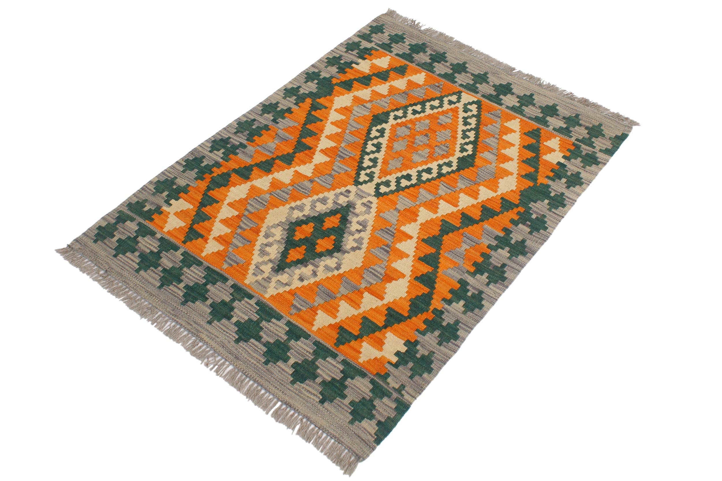 handmade Geometric Kilim Orange Purple Hand-Woven RECTANGLE 100% WOOL area rug 2' x 3'