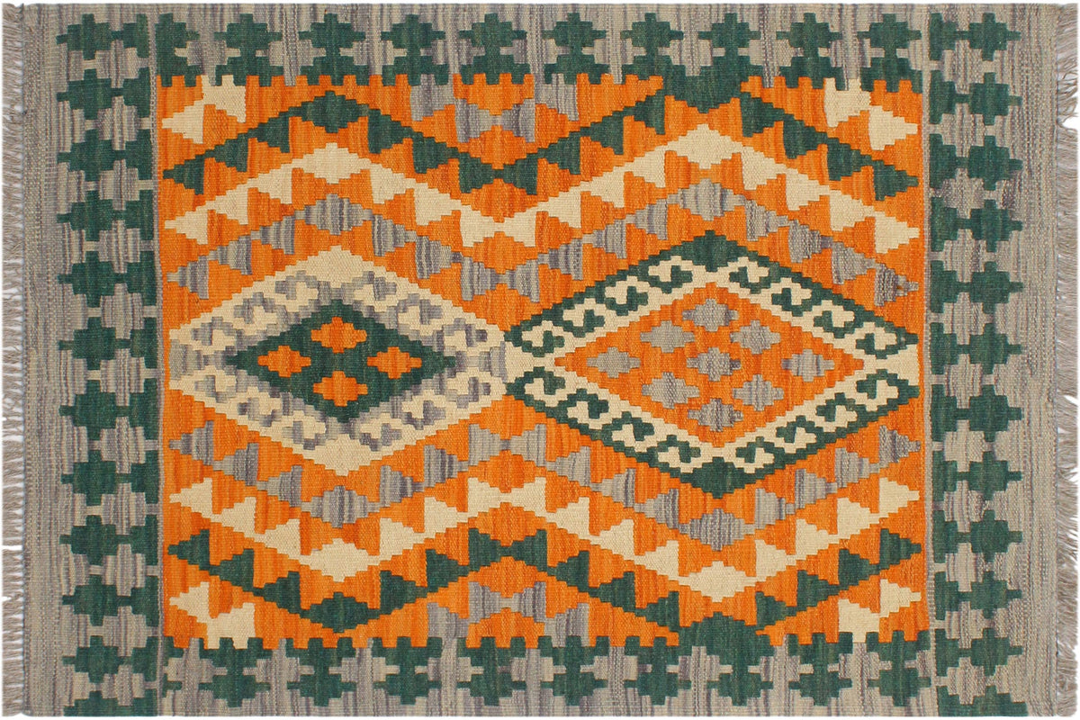handmade Geometric Kilim Orange Purple Hand-Woven RECTANGLE 100% WOOL area rug 2' x 3'