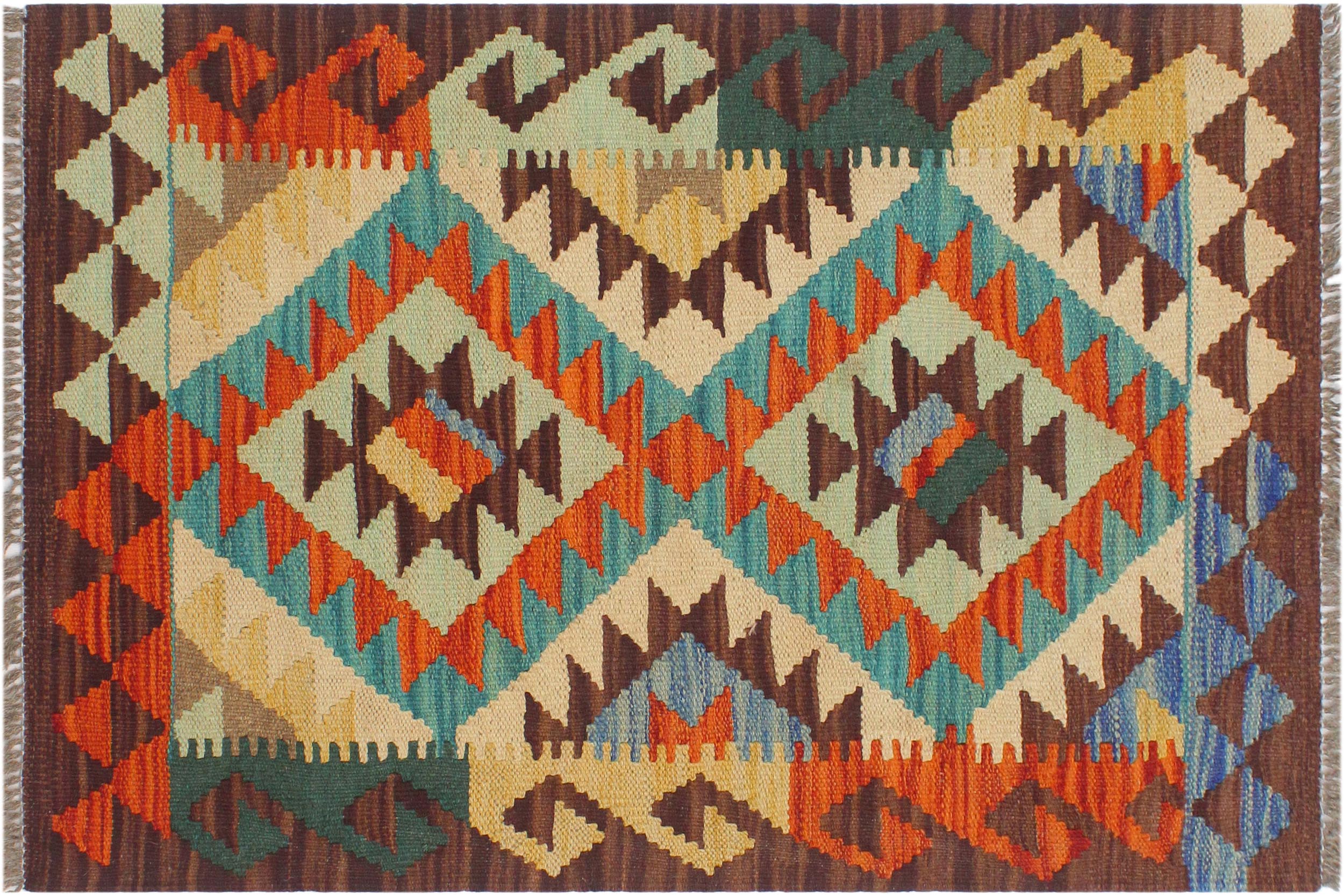 handmade Geometric Kilim Rust Brown Hand-Woven RECTANGLE 100% WOOL area rug 2' x 3'