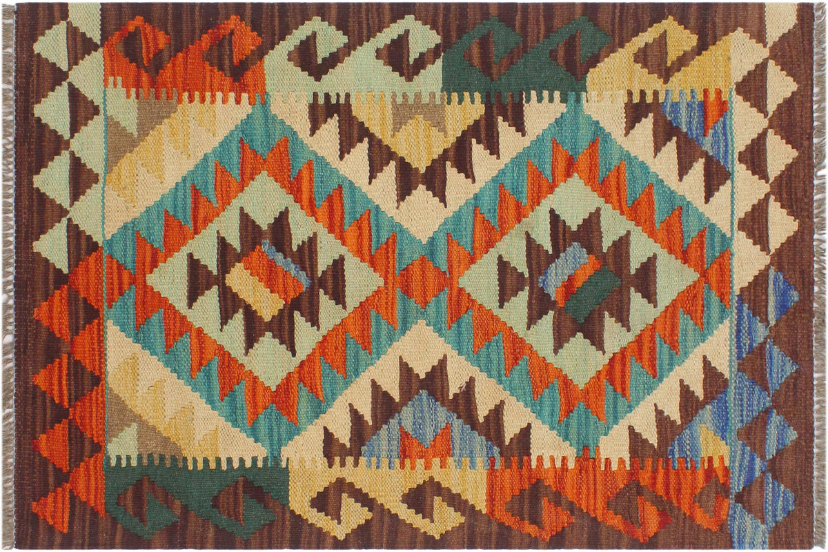 handmade Geometric Kilim Rust Brown Hand-Woven RECTANGLE 100% WOOL area rug 2' x 3'