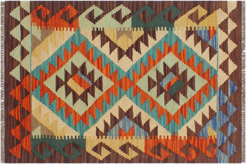 handmade Geometric Kilim Rust Brown Hand-Woven RECTANGLE 100% WOOL area rug 2' x 3'