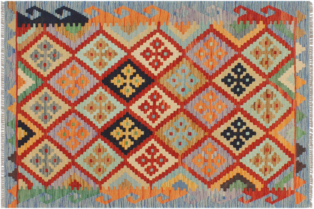 handmade Geometric Kilim Rust Blue Hand-Woven RECTANGLE 100% WOOL area rug 3 x 4