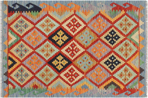 handmade Geometric Kilim Rust Blue Hand-Woven RECTANGLE 100% WOOL area rug 3 x 4