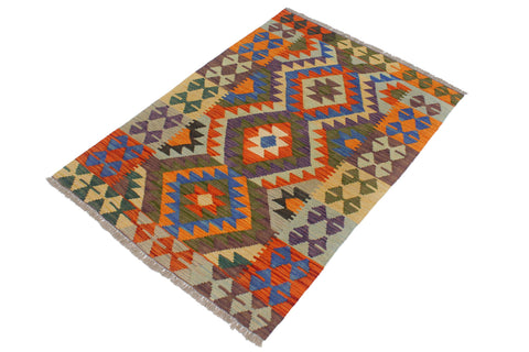 handmade Geometric Kilim Rust Blue Hand-Woven RECTANGLE 100% WOOL area rug 3' x 4'