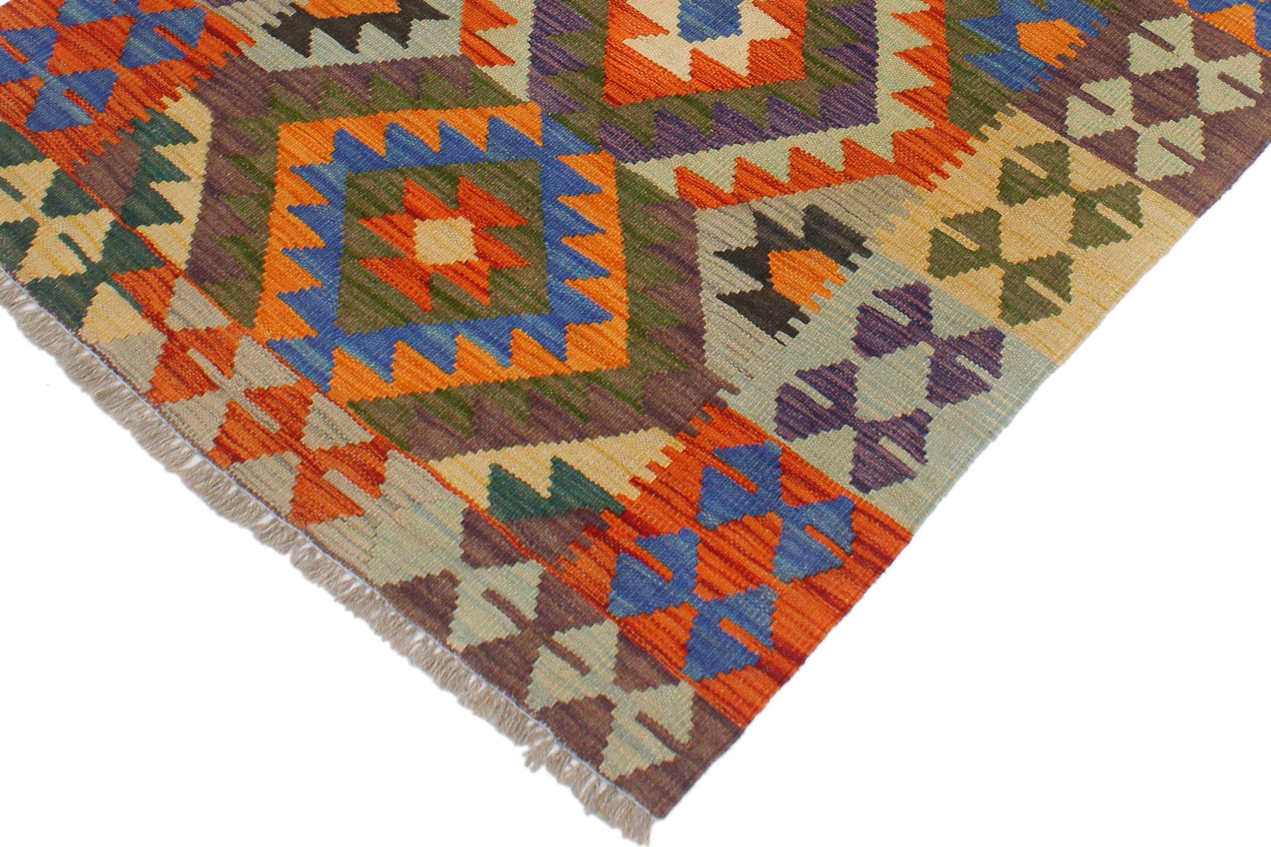handmade Geometric Kilim Rust Blue Hand-Woven RECTANGLE 100% WOOL area rug 3' x 4'